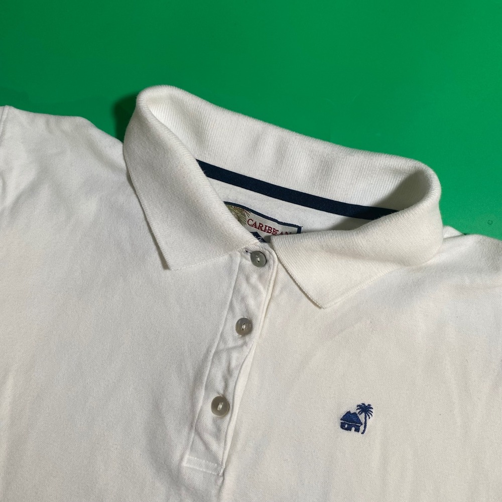 Caribbean Joe Womens 1X White Polo‎ Shirt Short Sleeve Palm Tree Logo